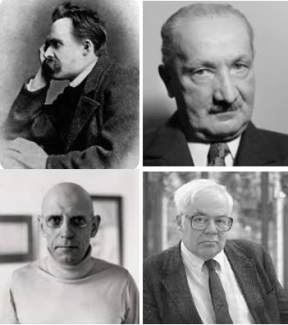 Vier filosofen: Friedrich Nietzsche, Martin Heidegger, Michel Foucault en Richard Rorty